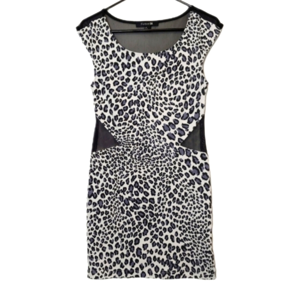 Forever 21 White Gray Leopard Print Sheer Cut Out Sleeveless Mini Dress Large